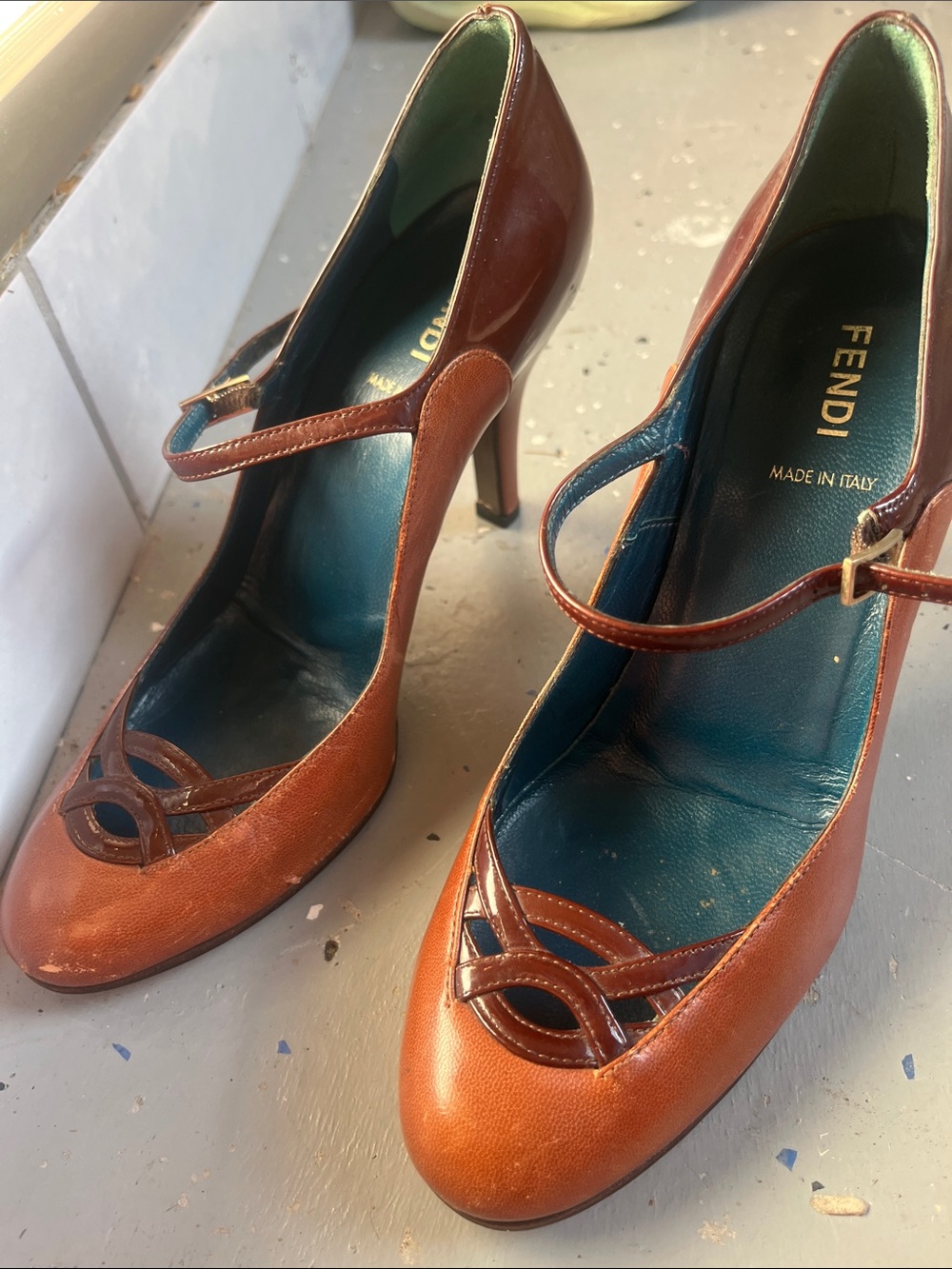 * RARE * Fendi Brown Leather Mary Jane Heels with Dark Trim
